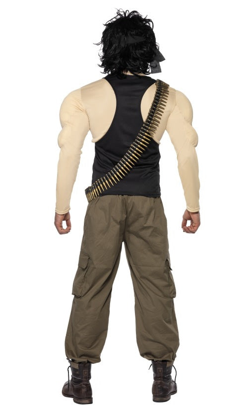 Back of Rambo muscle chest costume with wig, dog tags and bullet belt