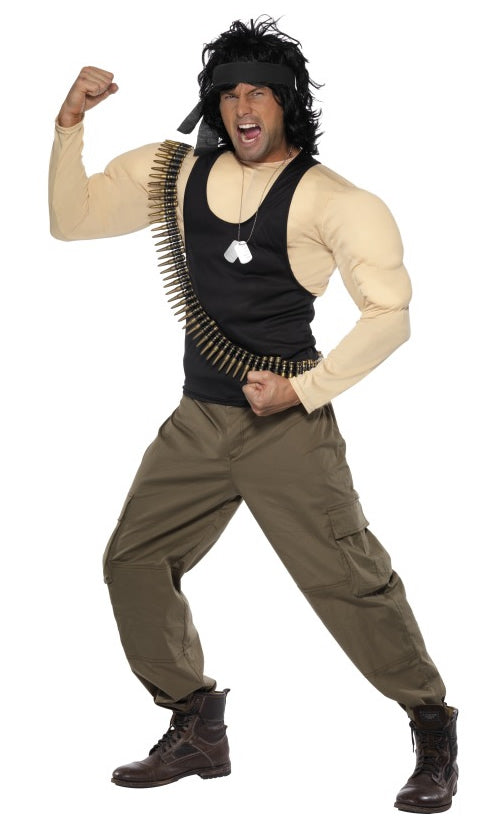 Rambo muscle chest costume with wig, dog tags and bullet belt
