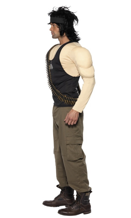 Side of Rambo muscle chest costume with wig, dog tags and bullet belt