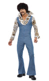 Men's blue 70s jumpsuit costume with attached 70s inspired white and brown shirt