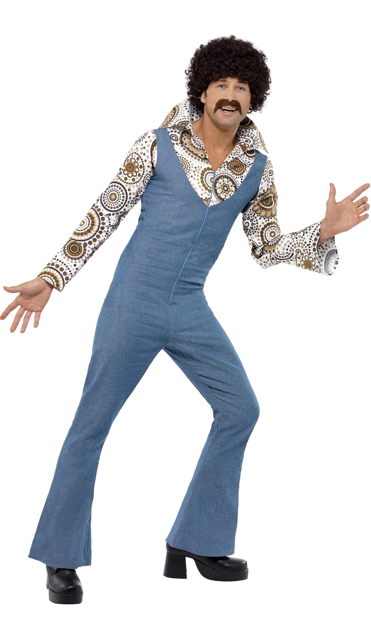 Men's blue 70s jumpsuit costume with attached 70s inspired shirt