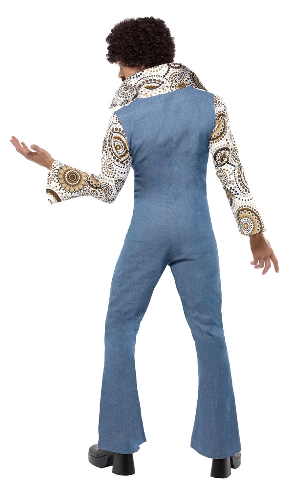 Back of men's blue 70s jumpsuit costume with attached 70s inspired white and brown shirt