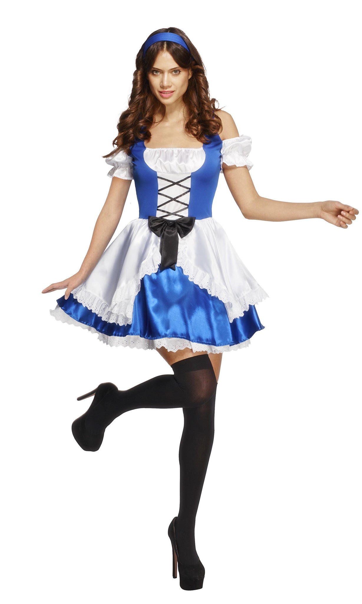 Blue and white Alice dress with attached apron and head scarf
