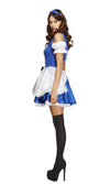 Side of blue and white Alice dress with attached apron and head scarf