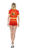 Back of Baywatch red and yellow swimsuit with jacket and Baywatch logos