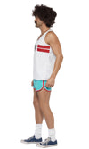 Side of white 118 runner singlet and blue shorts