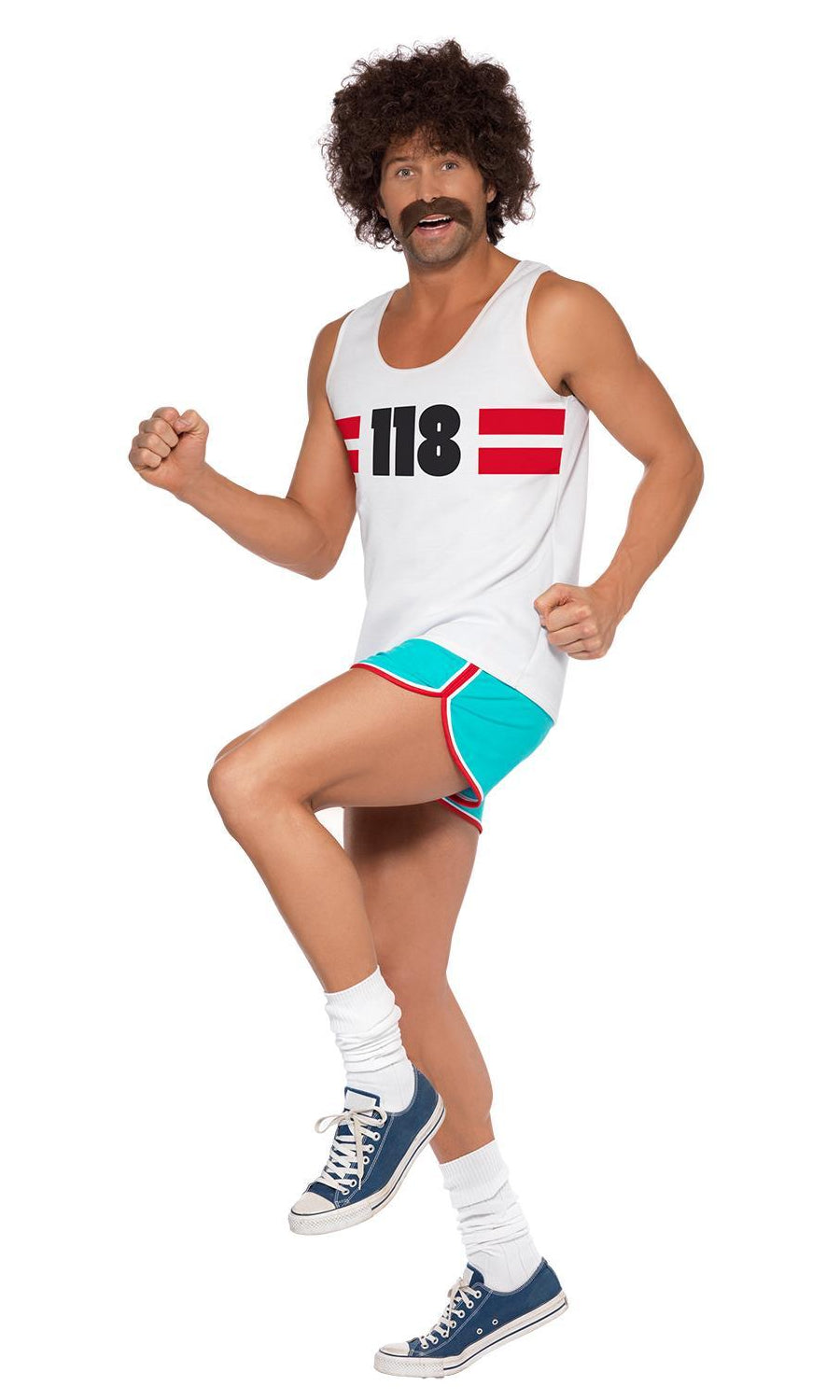 White 118 runner singlet and blue shorts