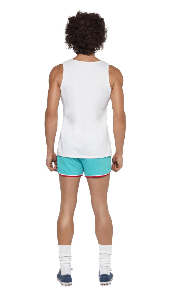 Back of white 118 runner singlet and blue shorts