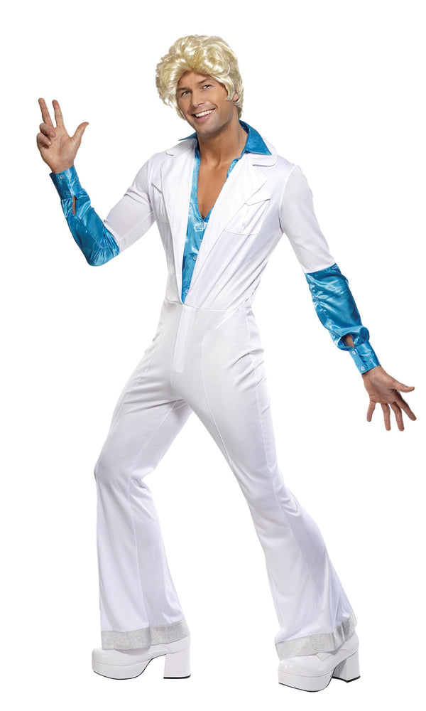 Men's white Abba jumpsuit with attached blue shirt front and sleeves