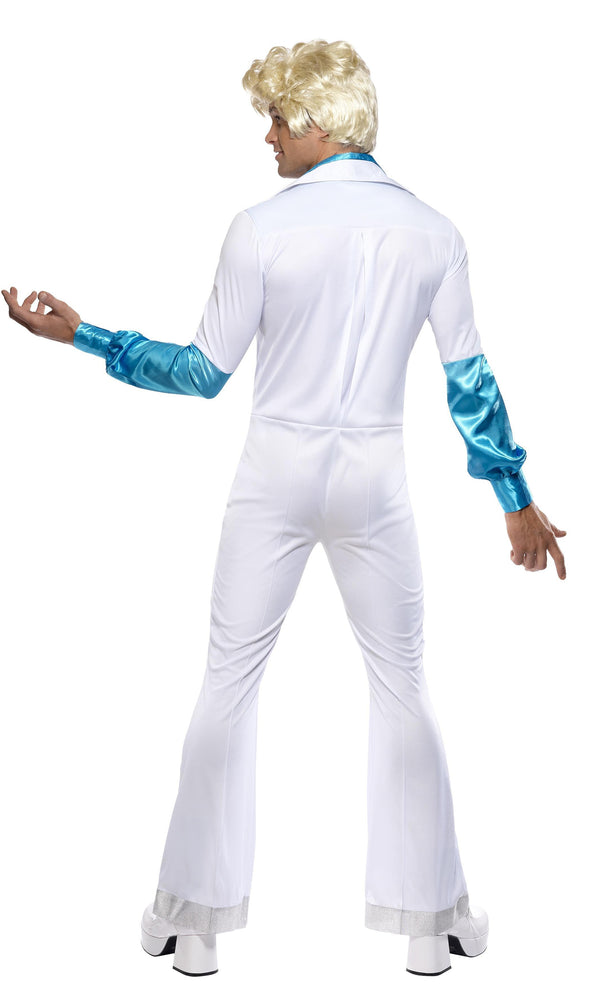Back of men's white Abba jumpsuit with attached blue shirt front and sleeves