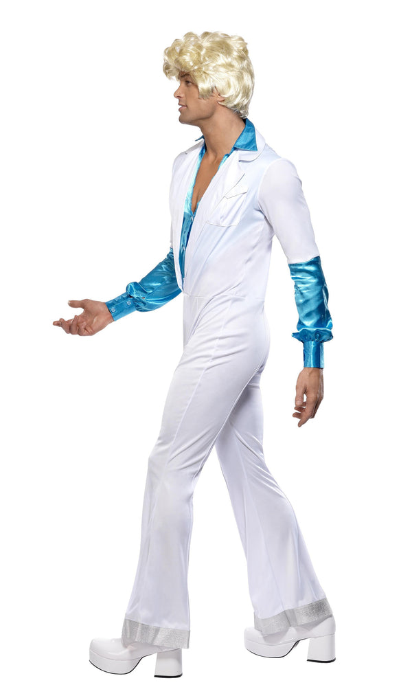 Side of men's white Abba jumpsuit with attached blue shirt front and sleeves