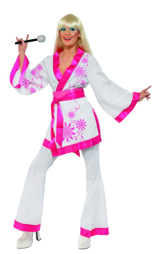 White and pink Abba kimono top and pants costume with belt