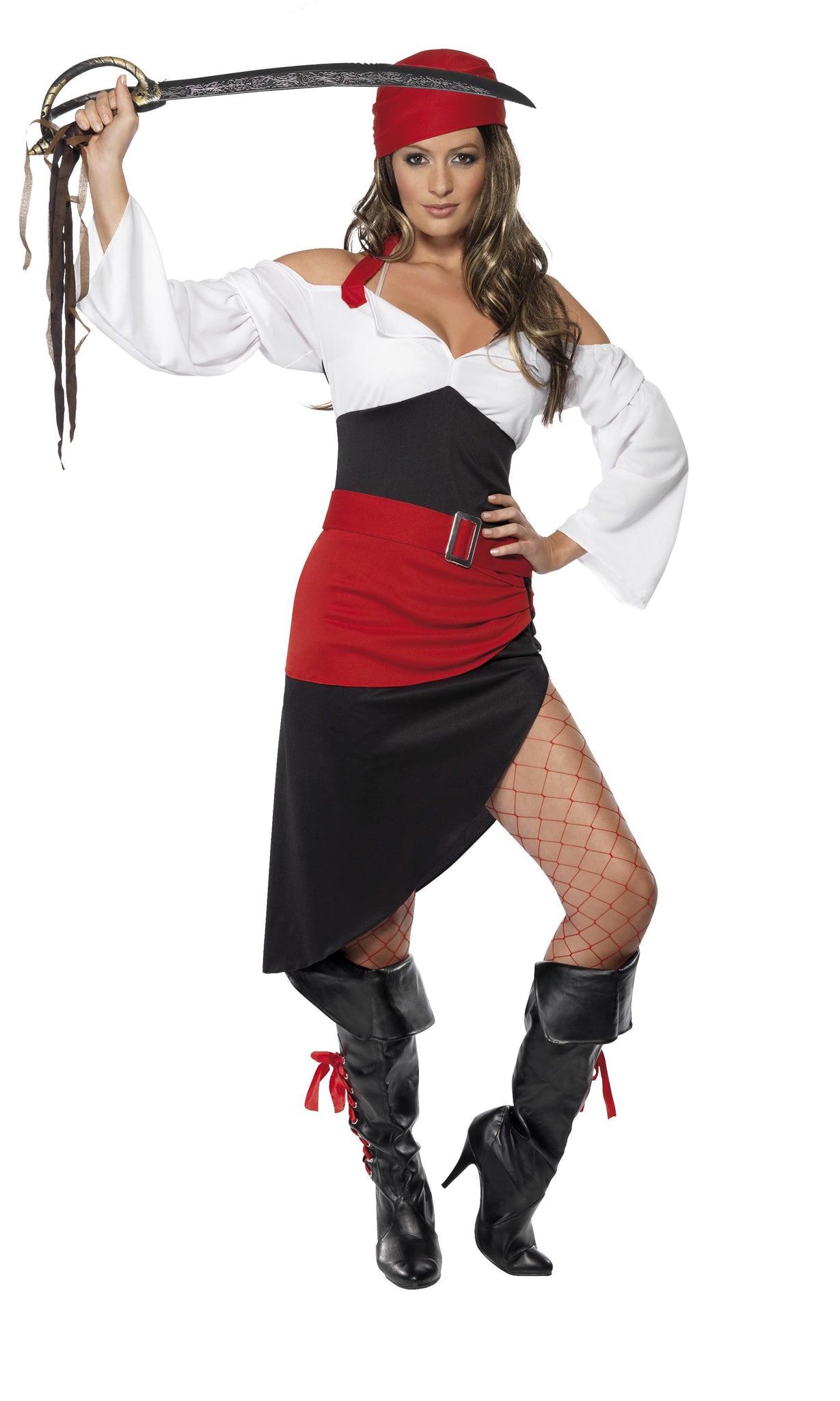 Red, black and white pirate top, skirt, belt and headscarf