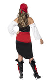Back of red, black and white pirate top, skirt, belt and headscarf