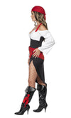Side of red, black and white pirate top, skirt, belt and headscarf