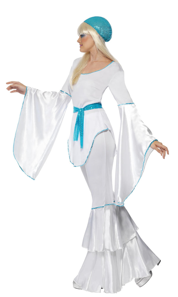 Side of woman's white Back of Abba style costume with blue belt and hat