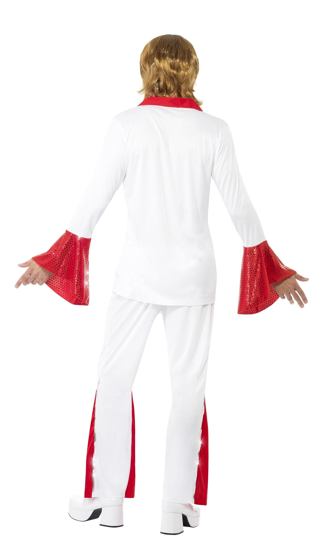 Back of white and red men's flared Abba top and pants