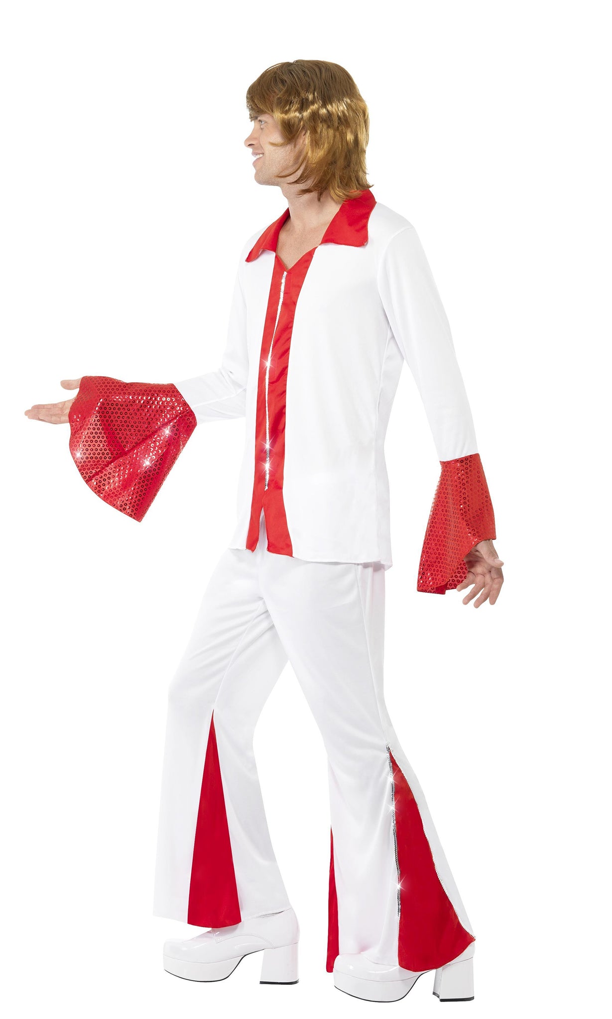 Side of white and red men's flared Abba top and pants