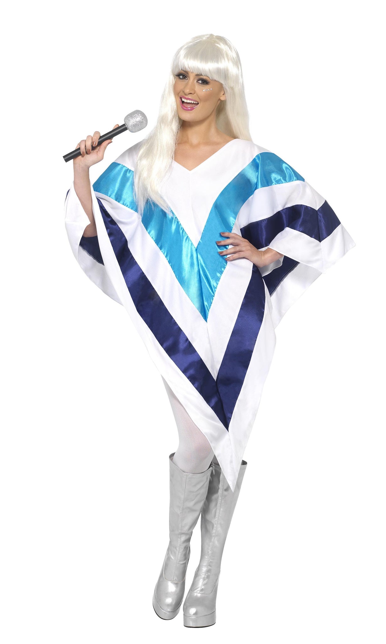 White Abba poncho with blue stripes