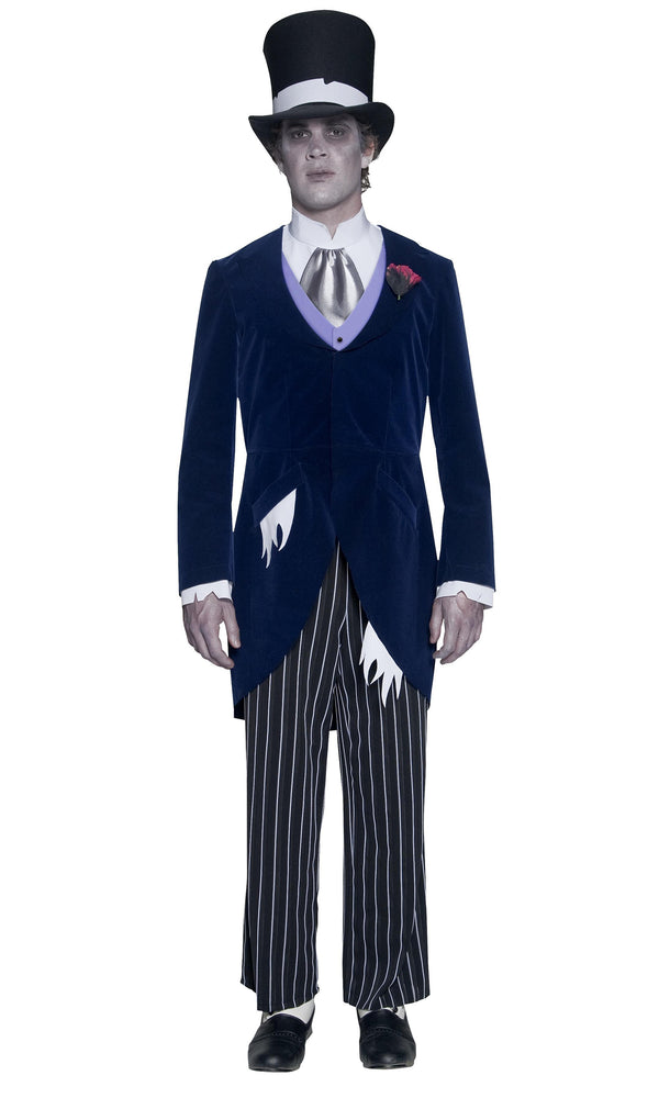 A male model wearing a Gothic themed costume with a navy blue jacket, white shirt, black and white striped trousers, and a bow tie. The costume is designed to resemble a groom's outfit with a ghostly pale appearance effect.