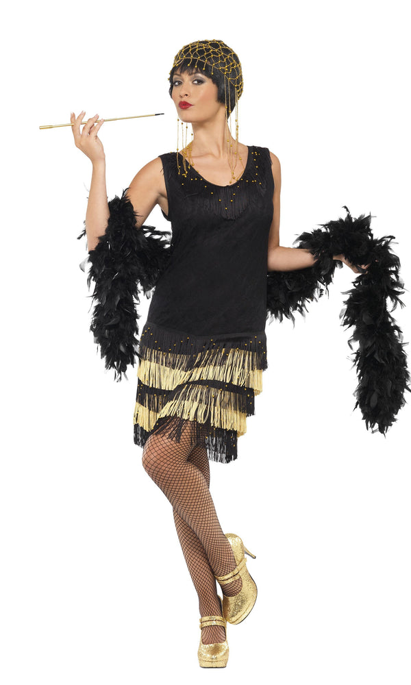Black flapper dress with gold and black tassels