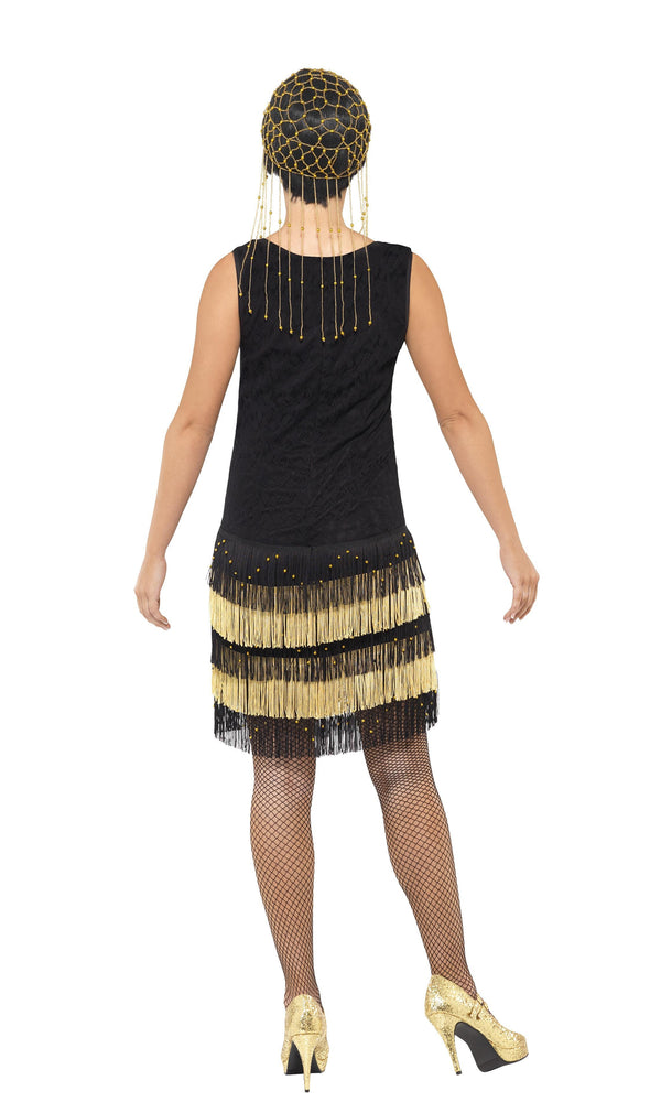 Back of black flapper dress with gold and black tassels