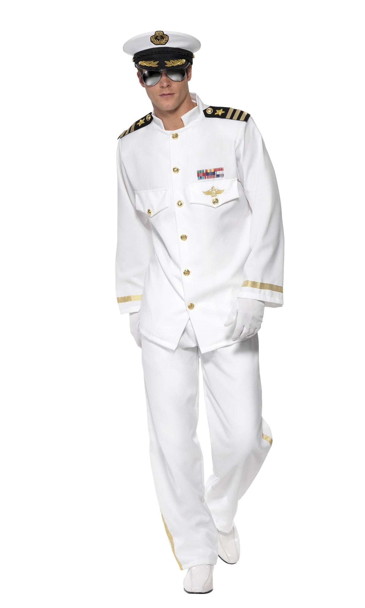 White Navy Captain costume with jacket, pants, hat and gloves