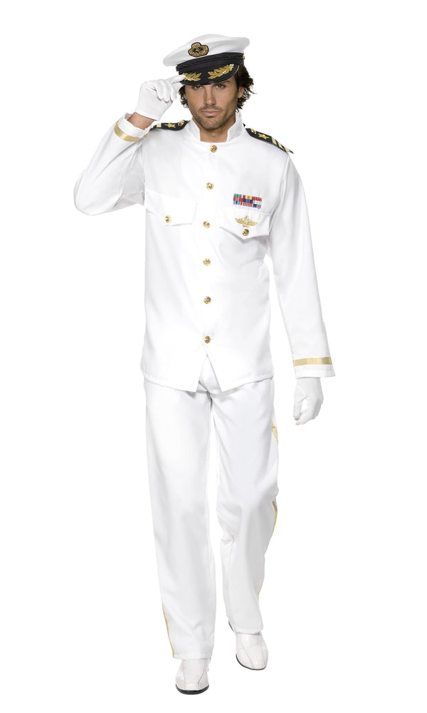 Alternate view of white Navy Captain costume with jacket, pants, hat and gloves