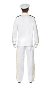 Back of white Navy Captain costume with jacket, pants, hat and gloves
