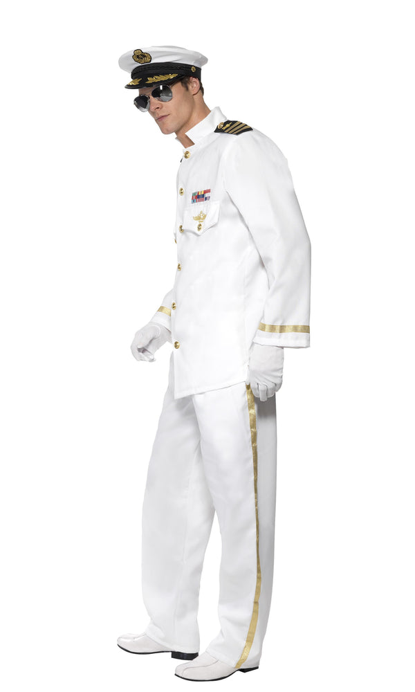 Side of white Navy Captain costume with jacket, pants, hat and gloves