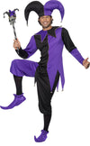 Purple and black jester costume with 3/4 pants and matching hat