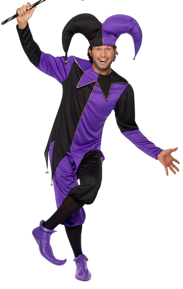 Alternate view of purple and black jester costume with 3/4 pants and matching hat