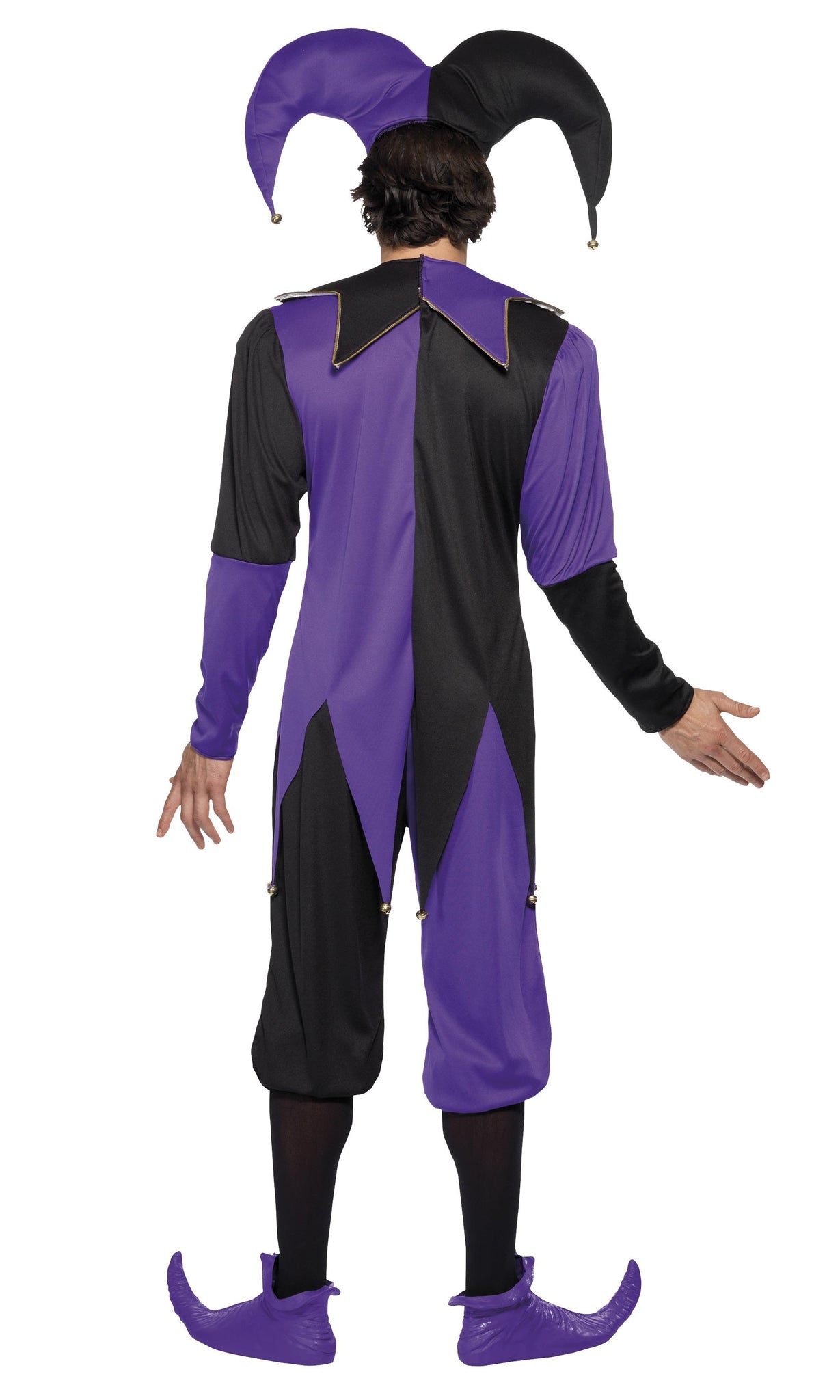 Back of purple and black jester costume with 3/4 pants and matching hat