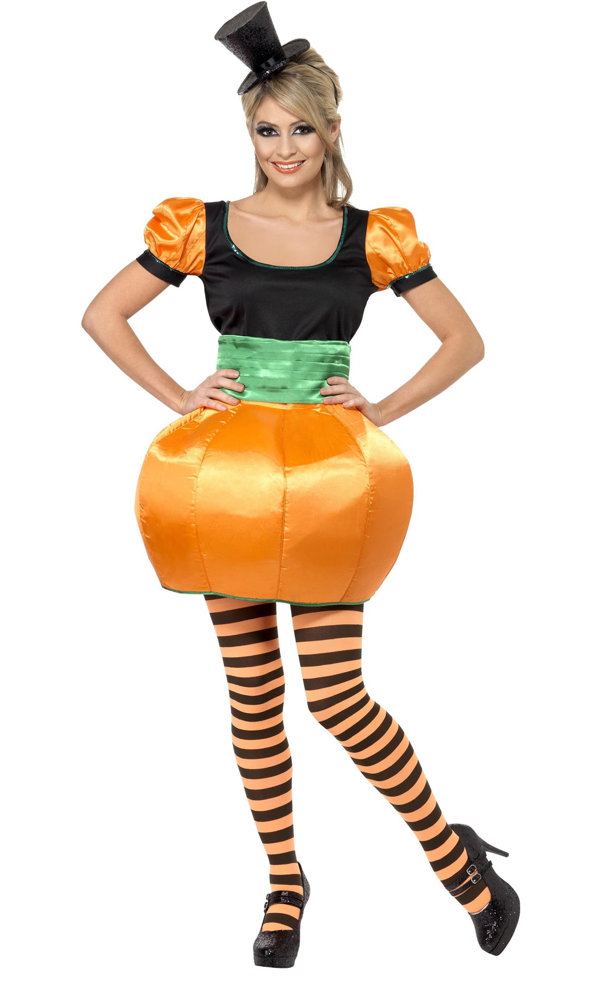Orange pumpkin skirt and top with green cummerbund