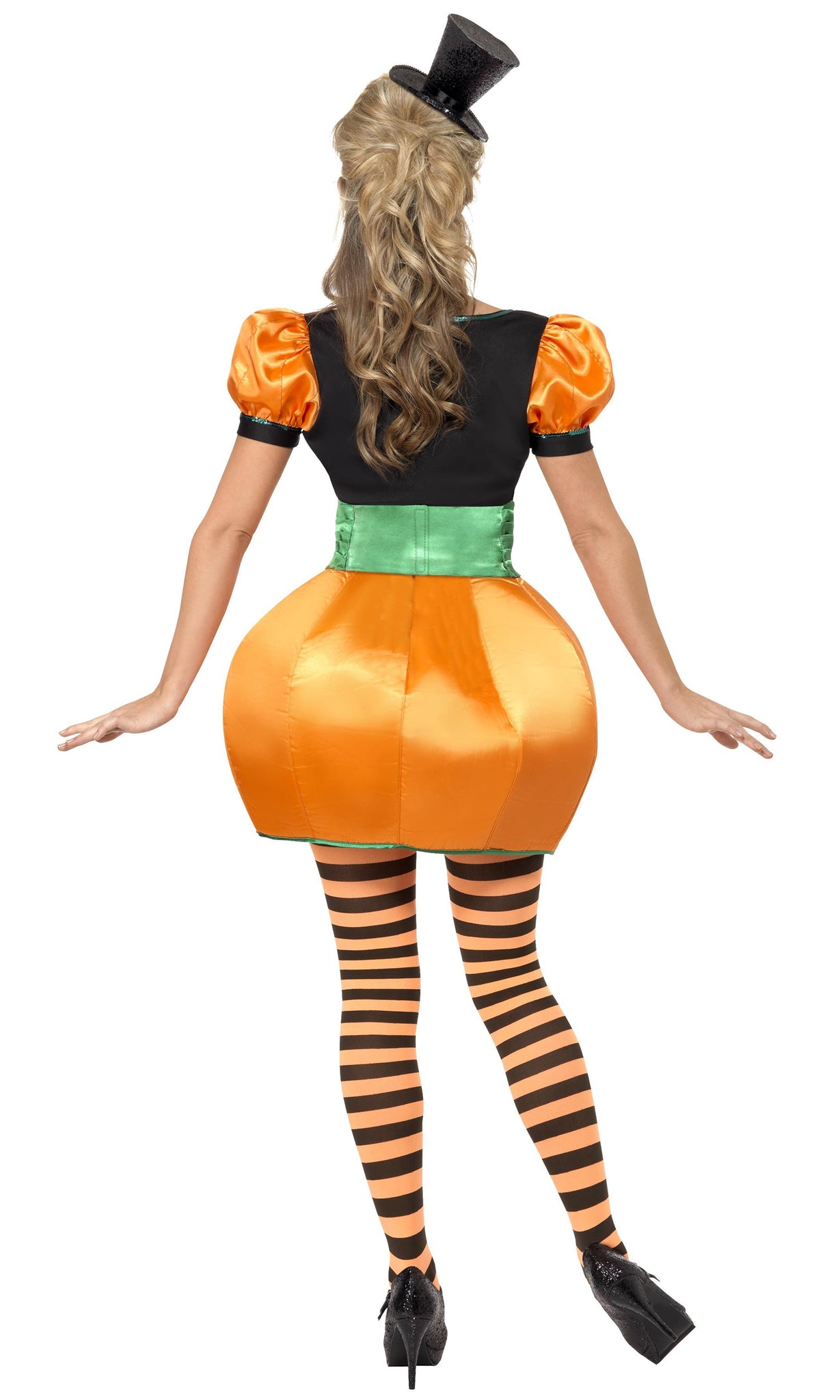 Back of orange pumpkin skirt and top with green cummerbund