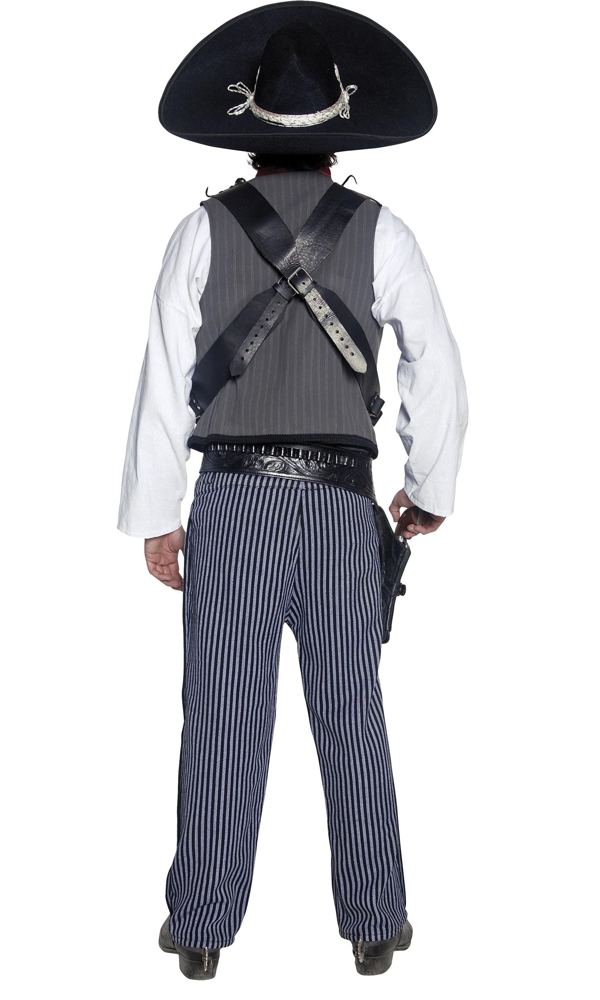 Back of men's Mexican costume with shirt, vest, striped pants and red neck tie