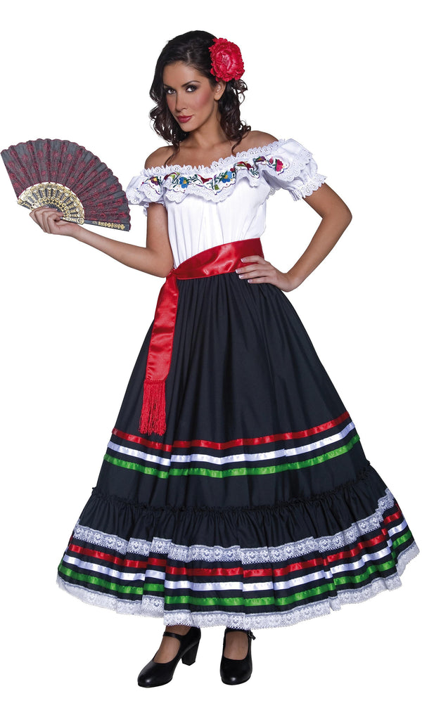 Long Senorita dress with white upper with flower pattern and red sash