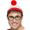 Red and white Where's Wally hat with black glasses