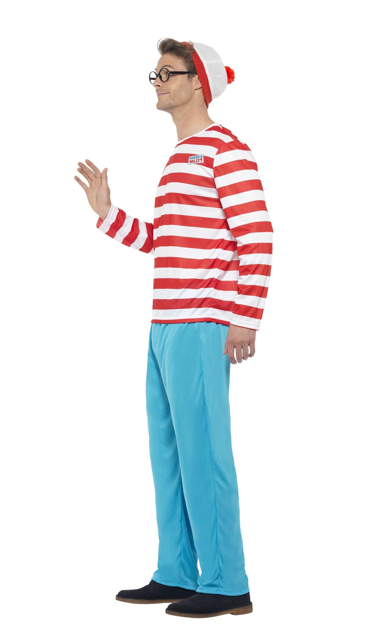 Side of Where's Wally costume top, pants, hat and glasses