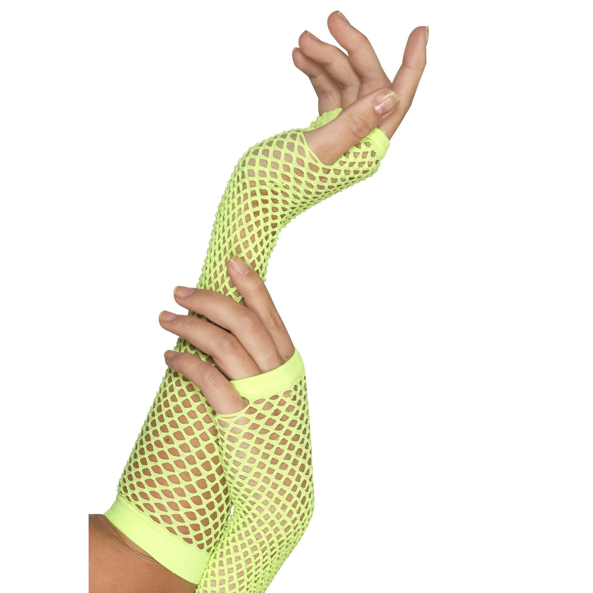 A pair of long neon green fishnet gloves being worn.