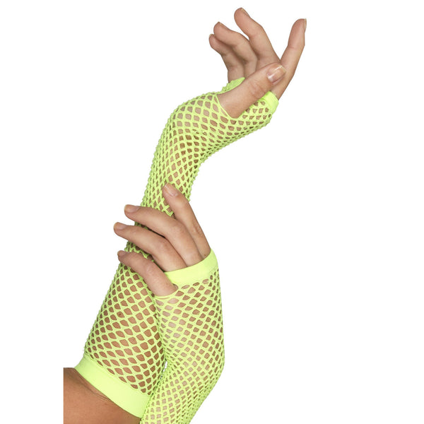A pair of long neon green fishnet gloves being worn.