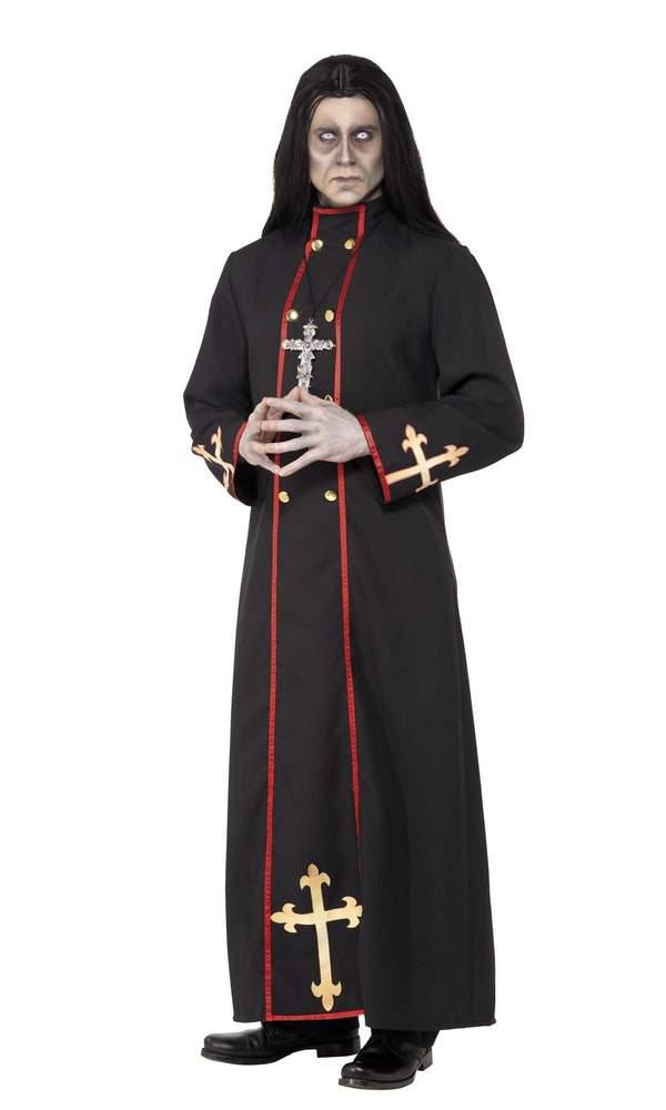 Men's black priest robe with red stripes and gold cross symbols