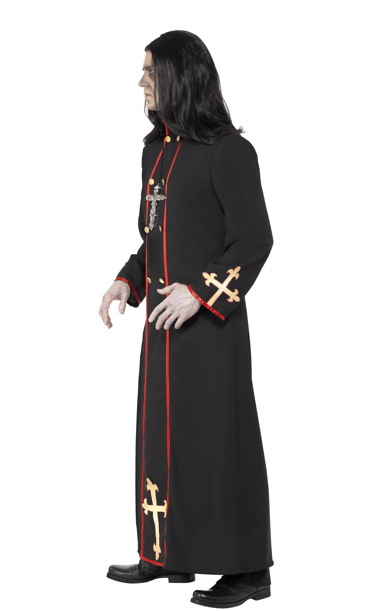 Side of men's black priest robe with red stripes and gold cross symbols