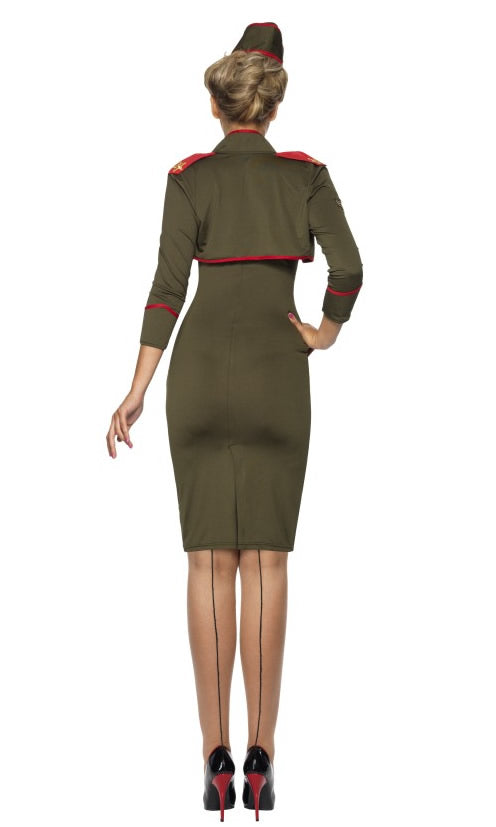 Back of army girl khaki strapless dress and crop top with red stripes and matching hat