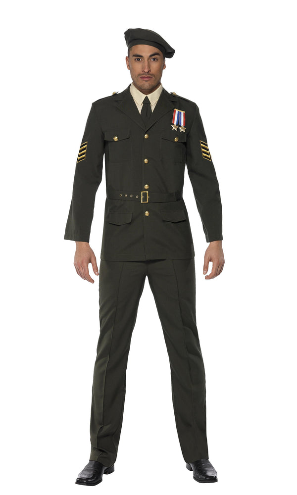 Green military officer costume with beret, jacket, mock shirt and tie, belt and pants