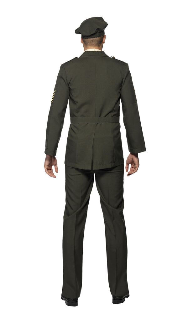 Back of green military officer costume with beret, jacket, mock shirt and tie, belt and pants