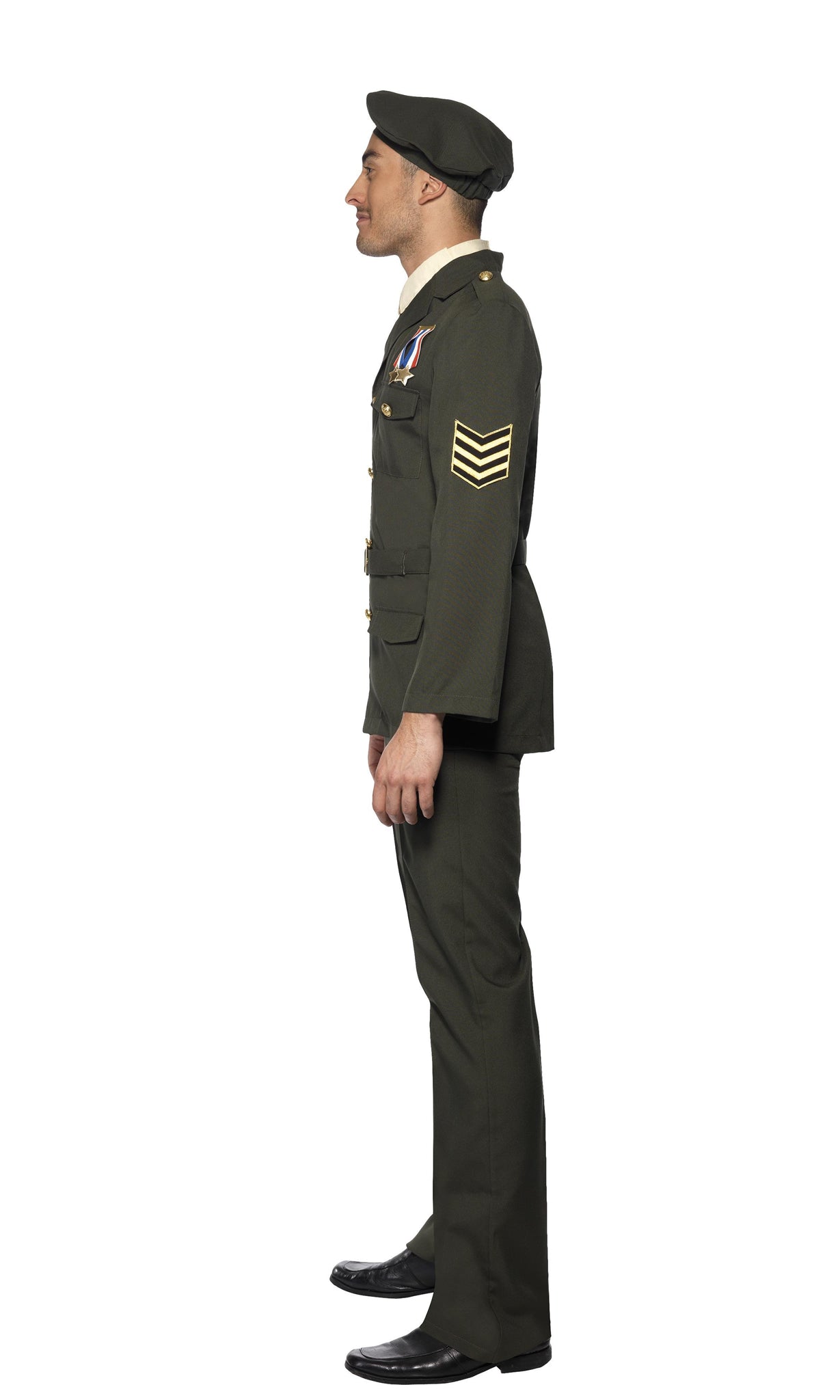 Side of green military officer costume with beret, jacket, mock shirt and tie, belt and pants