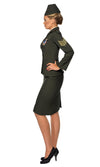 Side of green women's wartime officer costume with hat, skirt, jacket with medals and mock shirt with tie