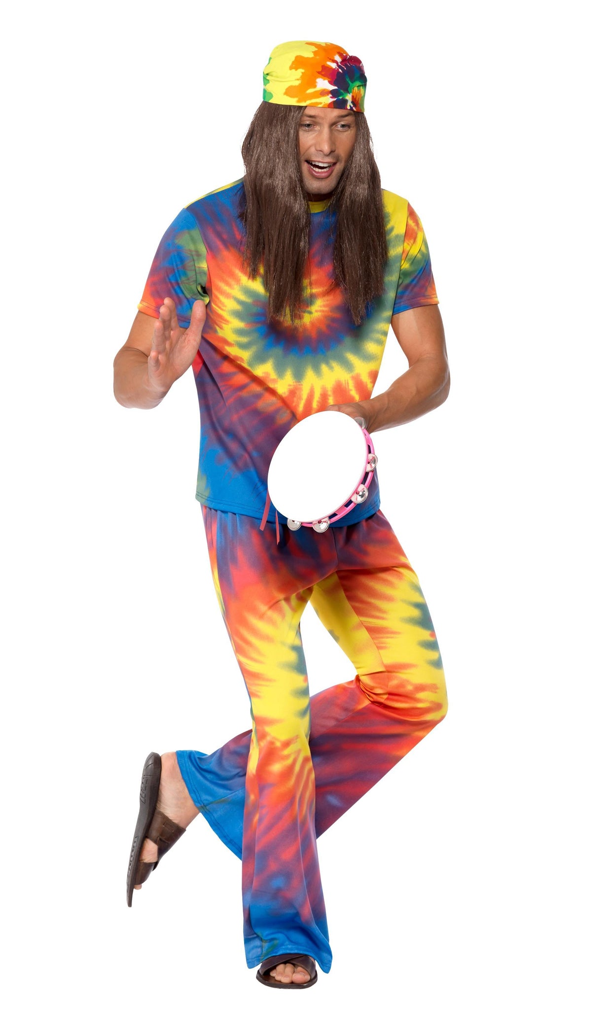 Tie dyed 60s top and pants with matching hat, shown playing tambourine