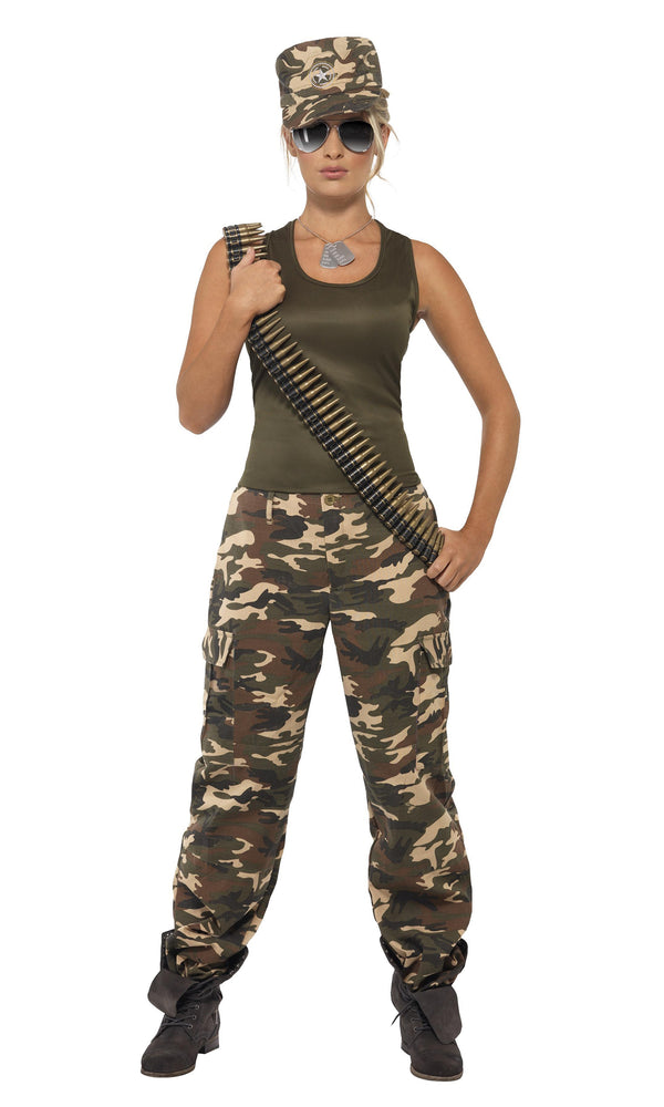 Woman's camouflage pants with hat and green top